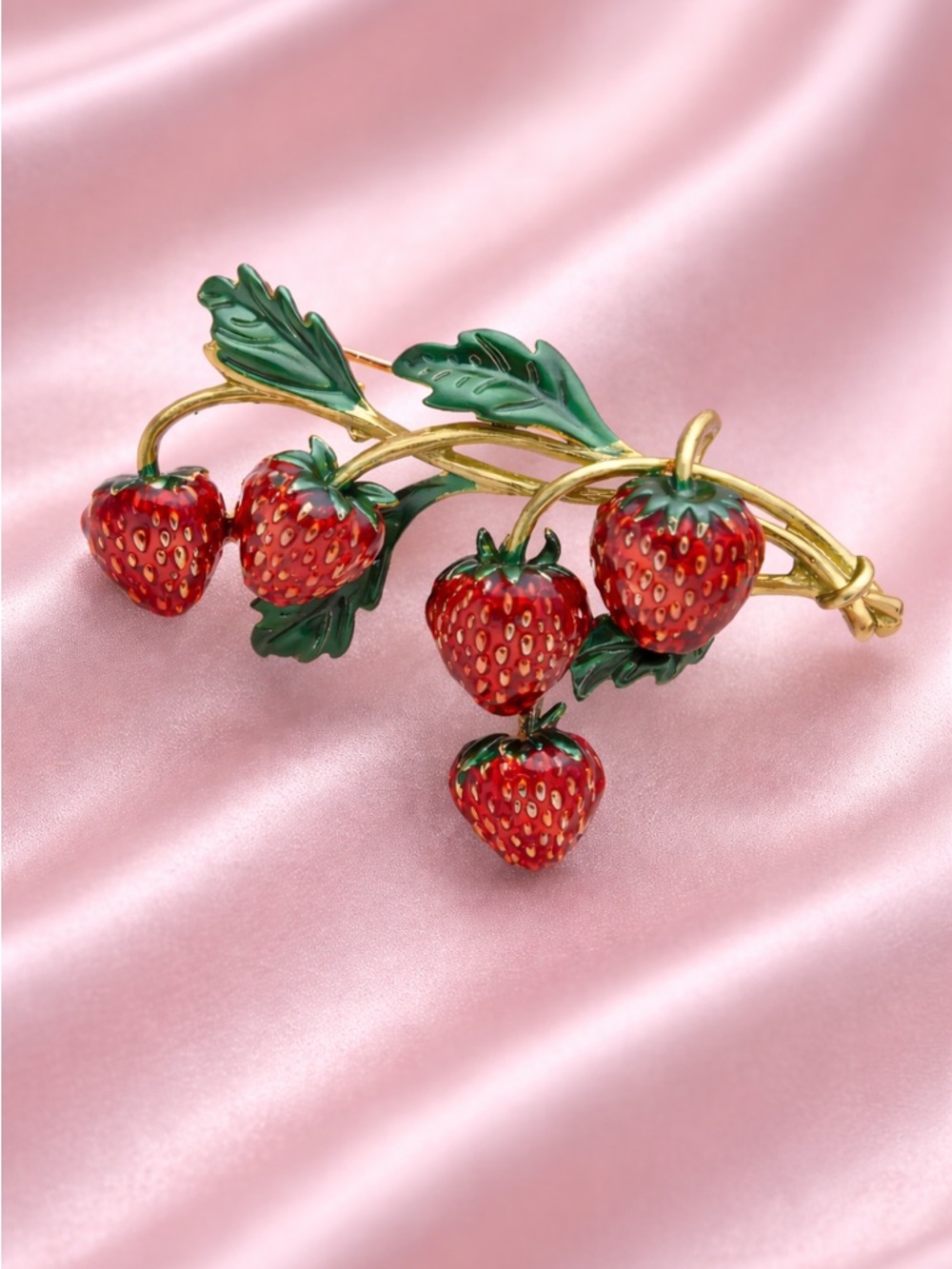 Red Strawberry Gold Green Branch Brooch